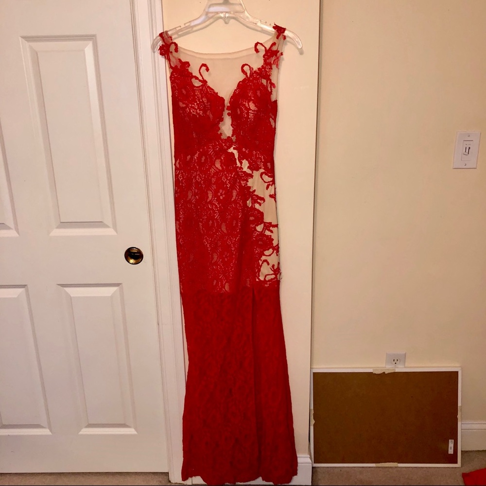 jovani red and nude lace fitted prom dress